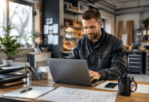 Handwerker am Laptop
Werkstatt im Hintergrund