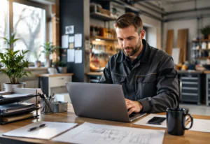Handwerker am Laptop
Werkstatt im Hintergrund